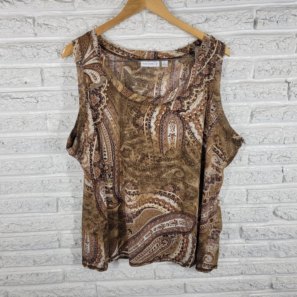 Susan Graver QVC Womens Top 2X Plus Tank Brown Paisley Polyester PAI8E